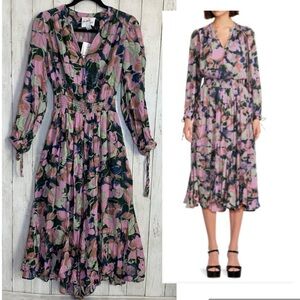 Sam Edelman Izzie Godet Floral Skirt Midi Dress Long Sleeve XS Metallic Fibers